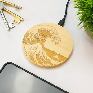 Cargador Inalámbrico Grabado Onda Japonesa Madera Regalo - Imagen 1 de 8