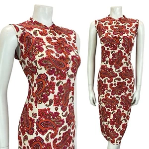 VTG 60S WHITE RED PINK BROWN PAISLEY PSYCHEDELIC COTTON SHIFT DRESS 14 - Picture 1 of 11