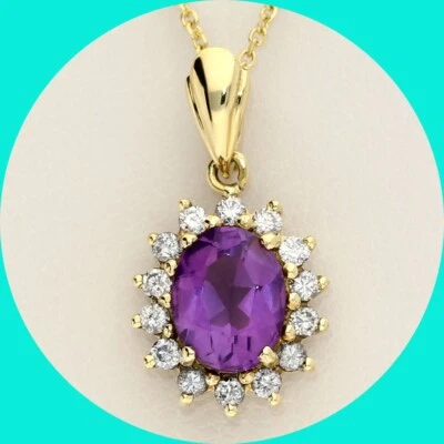 1.90CT  Diamond Amethyst Halo Pendant Necklace 14K YG 18” Chain - Image 1 of 4