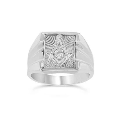 .925 Sterling Silver Textured Freemason Square & Compass Square Signet Ring - Image 1 of 2
