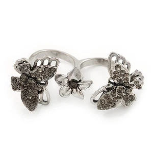 Crystal Butterfly Double Finger Ring In Burn Silver Metal - Flex (Size 7/8) - Picture 1 of 6