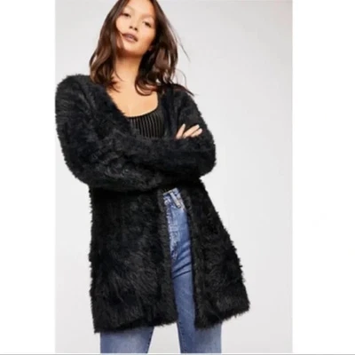 Free People Faux Fur Long Black Coat Cardigan Sweater Size Small - Image 1 of 4