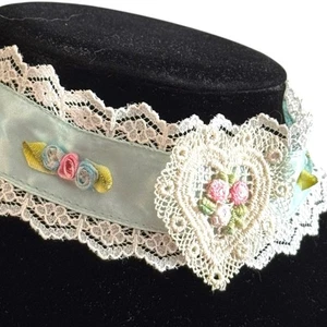 Vintage 1990s Ribbon Lace Choker Necklace Handmade Renaissance Faire Anna Konya - Picture 1 of 11