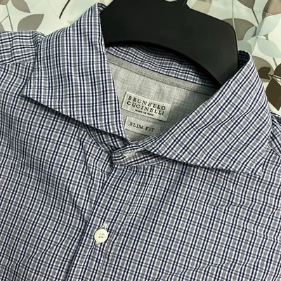 Brunello Cucinelli Blanco Azul Cuadros Para Hombre Calce Ajustado Botón Delantero L Excelente Foto 1 de 4