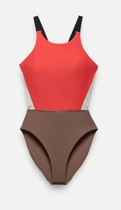 Traje de baño Prana para mujer Baja Bound de una pieza rosa fuego bloques de colores talla mediana - Imagen 1 de 5