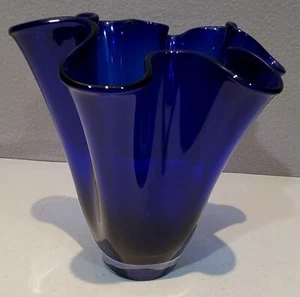 Vintage Cobalt Glass Art 9" Handkerchief Vase With Ground Concave Base - Picture 1 of 9
