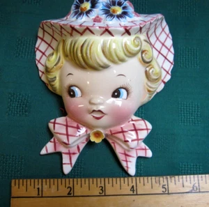 Vintage 1955 Lefton Kopf Vase Mädchen Wand Tasche Pflanzgefäß Miss Dainty Hut Blumen Schleife - Bild 1 von 11