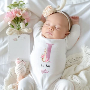 Personalised Pink Bunny Rabbit Name Initial Girl / Boy Baby Grow Bodysuit Vest - Picture 1 of 8