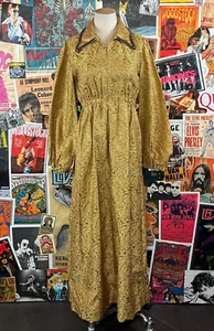Maxi Vestido De Colección Años 60 Rubor Dorado Brocado Jacquard Metálico Manga Obispo Anfitriona - Imagen 1 de 14
