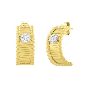 Orecchini a cerchio mezza luna Floreo oro giallo 14 kt 8,5 mm 0,17 ct diamanti perline - Foto 1 di 3