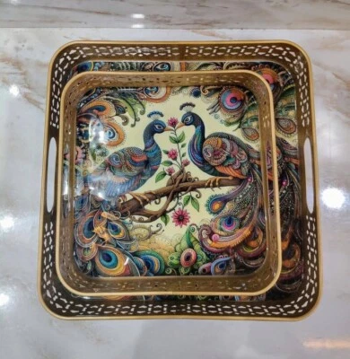 Serving Treats Handcrafted Metal Tray Set of 2 for Hosting Guests Rectangular - Image 1 of 3