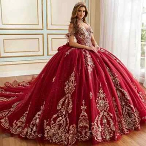 Glänzendes rotes Quinceanera Kleid Ballkleid Gold Applikation Perlen Schleife Korsett süß 16 - Bild 1 von 11