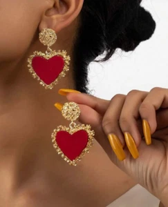 Red Big Heart Earrings Rhinestone Drop Dangle Statement Hoop Oversized Earrings - Picture 1 of 9