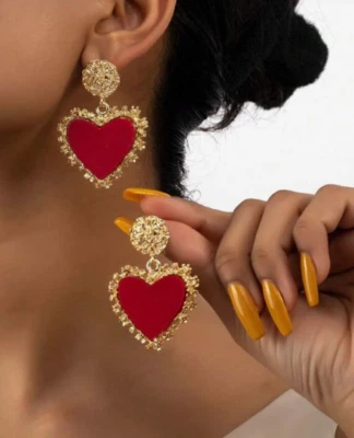Red Big Heart Earrings Rhinestone Drop Dangle Statement Hoop Oversized Earrings - Image 1 of 4