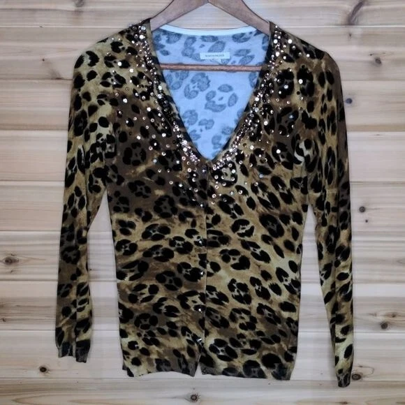 Boston Proper Sweater Womens XXS Tan Embellished Leopard Print Cardigan  - Image 1 of 4