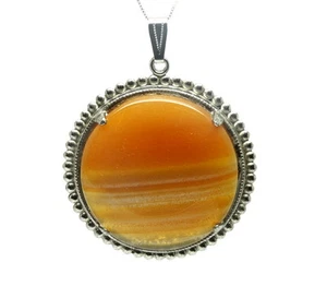 Lovely Large Orange Brown SUNSET LACE AGATE Silver Toned Bezel Pendant - Picture 1 of 7