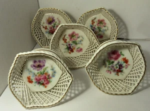 5 Erphila Germany Basket Weave Nut Dishes With Gold Trim And Floral Tile Center - Picture 1 of 6