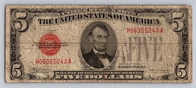 1928 5 dólares selo vermelho $5 nota série E EUA cinco notas papel moeda - Imagem 1 de 2