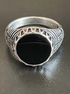 Круглый черный обсидиан драгоценный камень S925 серебро покрытием мужчин женщин кольцо размер 10,5 - Изображение 1 из 4