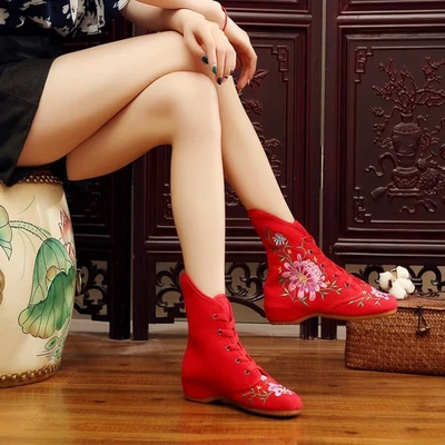 Embroidered Shoes Ankle boots Lace-up Low-heeled Mid-calf Boots Shoelaces Cozy Ḧ - Image 1 of 4