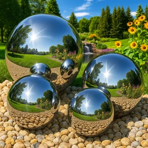 Set of 4 Gazing Balls Stainless Steel Garden, Mirror Finish, Outdoor Garden - Picture 1 of 2