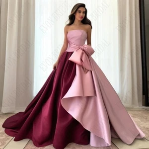 Pink Burgundy Evening Dresses Sleeveless Satin Bow A-Line Formal Occasion Dress - Picture 1 of 6