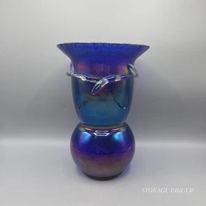 Vintage Kunst Glas irisierende Ölflecken blaue Vase 10" hoch mit klaren Applikationen - Bild 1 von 10