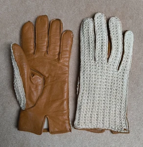 Vintage 1950s Classic Tan Leather & Crochet Driving Gloves Size 8 Fleece Lined - Picture 1 of 7