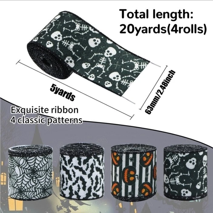 2.5" Wired Burlap Ribbon set 20 yards total Halloween 4 rolls x 5 yards each - Image 1 of 1
