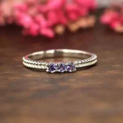 Anel Trindade Nupcial Tanzanita Simulado Corte Redondo Roxo em Platina Sólida 950 - Imagem 1 de 4