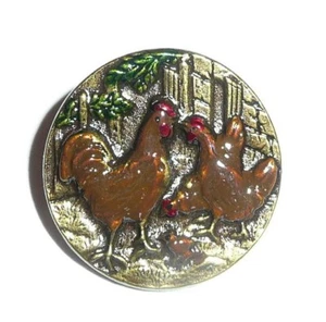 Pretty Hand Painted Chickens Antique Repro Metal Shank Button 7/8" Brown Chicken - Picture 1 of 6