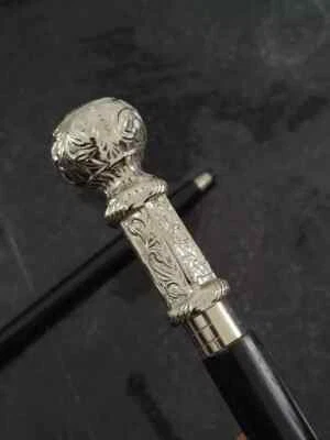 Designer Chrome Brass Long Handle Walking Stick Black Wooden Brass Inlaid Cane - Image 1 of 4