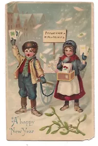 BUON ANNO NUOVO bambini piccoli vendo cartoline carretto a mano vischio DB 1908 - Foto 1 di 2
