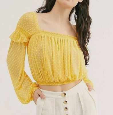 Blusa corta Free People amarilla de malla a lunares manga globo talla pequeña Foto 1 de 4