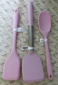 3 Pc Set PINK Silicone Utensil -Mixing Spoon , 2 Sizes of Turners /Spatulas NEW - Picture 1 of 2