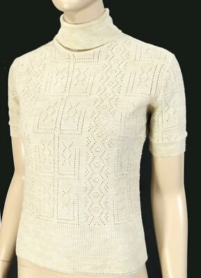 Vintage Años 70 Moda Vagón Lana Molino Cuello Tortuga SS Pointelle Suéter Concha S Foto 1 de 4
