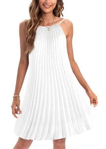Women's Summer Spaghetti Strap Pleated Casual Swing Midi Dress with Belt Whit... - Picture 1 of 5