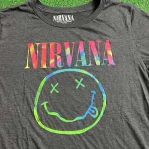 Nirvana Rainbow Smiley Face T-Shirt Charcoal Gray Womens Size XL - Picture 1 of 6