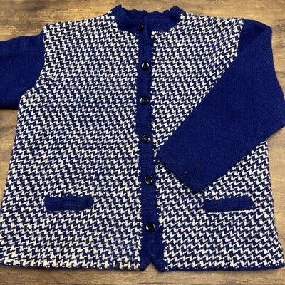 Cárdigan suéter tejido a mano de colección para mujer S/M 36" azul con botones Preppy Academia Foto 1 de 4