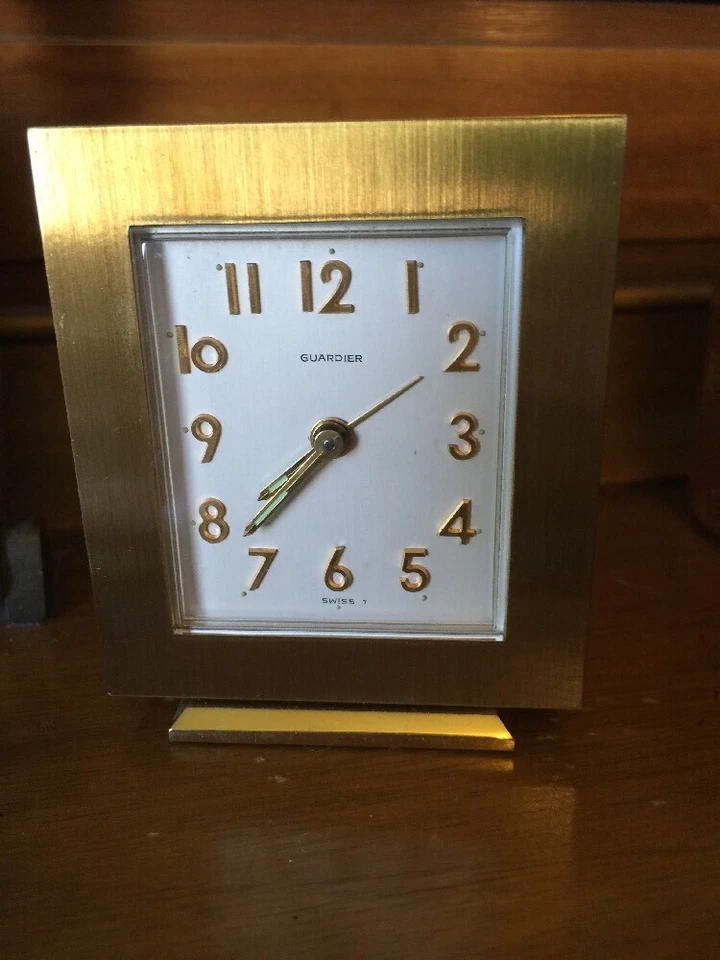 Rare GUARDIER Swiss Made Eight 8-Day ALARM CLOCK, Small 2.5"x3" Gold Tone - Image 1 of 4