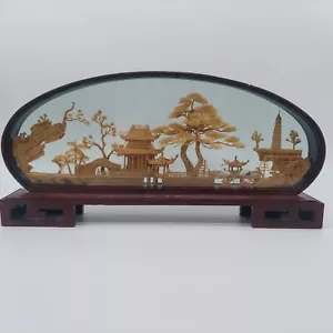 Vintage Hand Carved Chinese Cork Carving Oval Diorama Brown Stand 14 x 7 Stamped - Picture 1 of 10