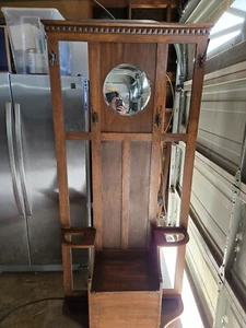 Antique Beautiful Wooden Hall Tree W Secret Bench Mirror Hooks Umbrella Stand - Picture 1 of 13