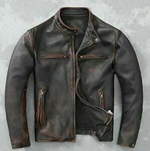 Men’s Motorcycle Biker Vintage Cafe Racer Distressed Brown Real Leather Jacket