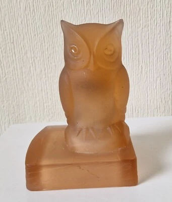 Art Deco Bagley Frosted Glass Owl Book End Antique Amber/Pink Glass Owl Figure - Image 1 of 4