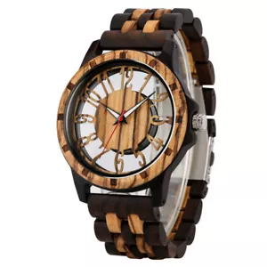 Luxury Full Wooden Quartz Wood Watch for Men Unique Hollow Dial Wristwatches - Picture 1 of 8