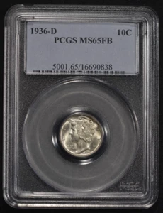 1936 D PCGS MS 65 FB AWESOME BLAZER US WINGED LIBERTY MERCURY DIME GEM PQ USA - Picture 1 of 4