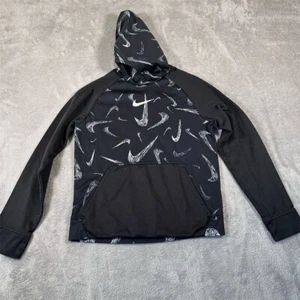 Nike Kids Hoodie Black Pullover Size L Long Sleeve Logo AOP Swoosh - Picture 1 of 10