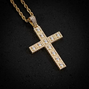 Men's 14K Gold Plated Hip Hop Iced Cz Solitaire Pointer Pendant Rope Necklace - Picture 1 of 5