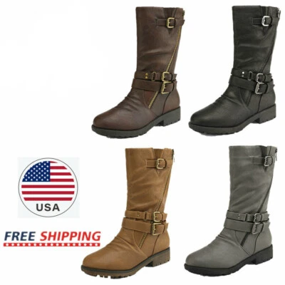 Niñas Niños Botas de Invierno Hasta la Rodilla Hebilla Cremallera Bota de Montar Bota Media Foto 1 de 4