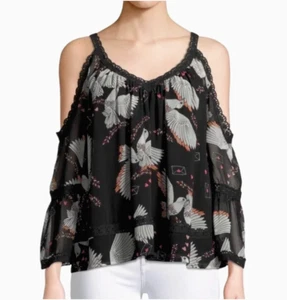 Rebecca Minkoff Black Sheer Deneuve Crochet Cold Shoulder Swing Blouse Top XS FN - Picture 1 of 16